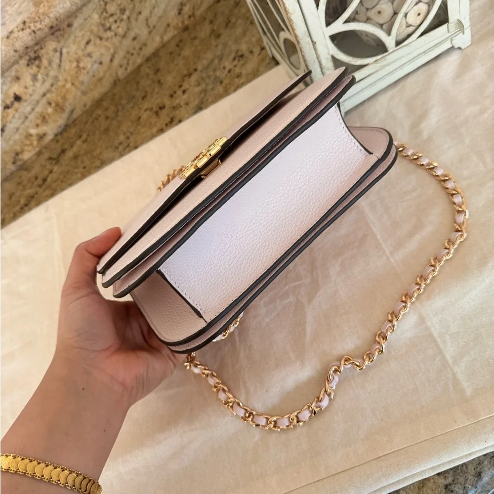 575+!Tory Burch Britten Small Adjustable Shoulder Bag Light Pink with Gold Chain